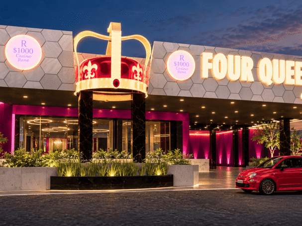 Entrada del casino Four Queens al anochecer